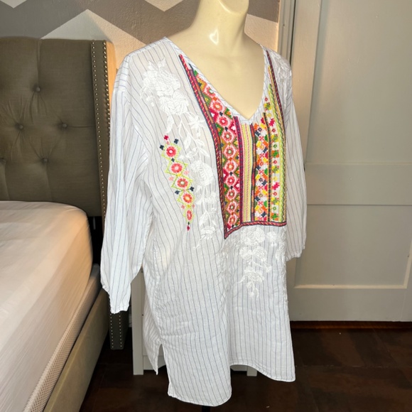 Johnny Was Ovett Tee Shirt, Floral Embroidery, Small Navy Stripes - Picture 2 of 4